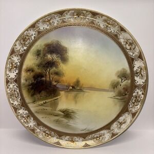 Antique 12" Nippon Rimmed Scenic Hand Painted Platter Gold Detail‎